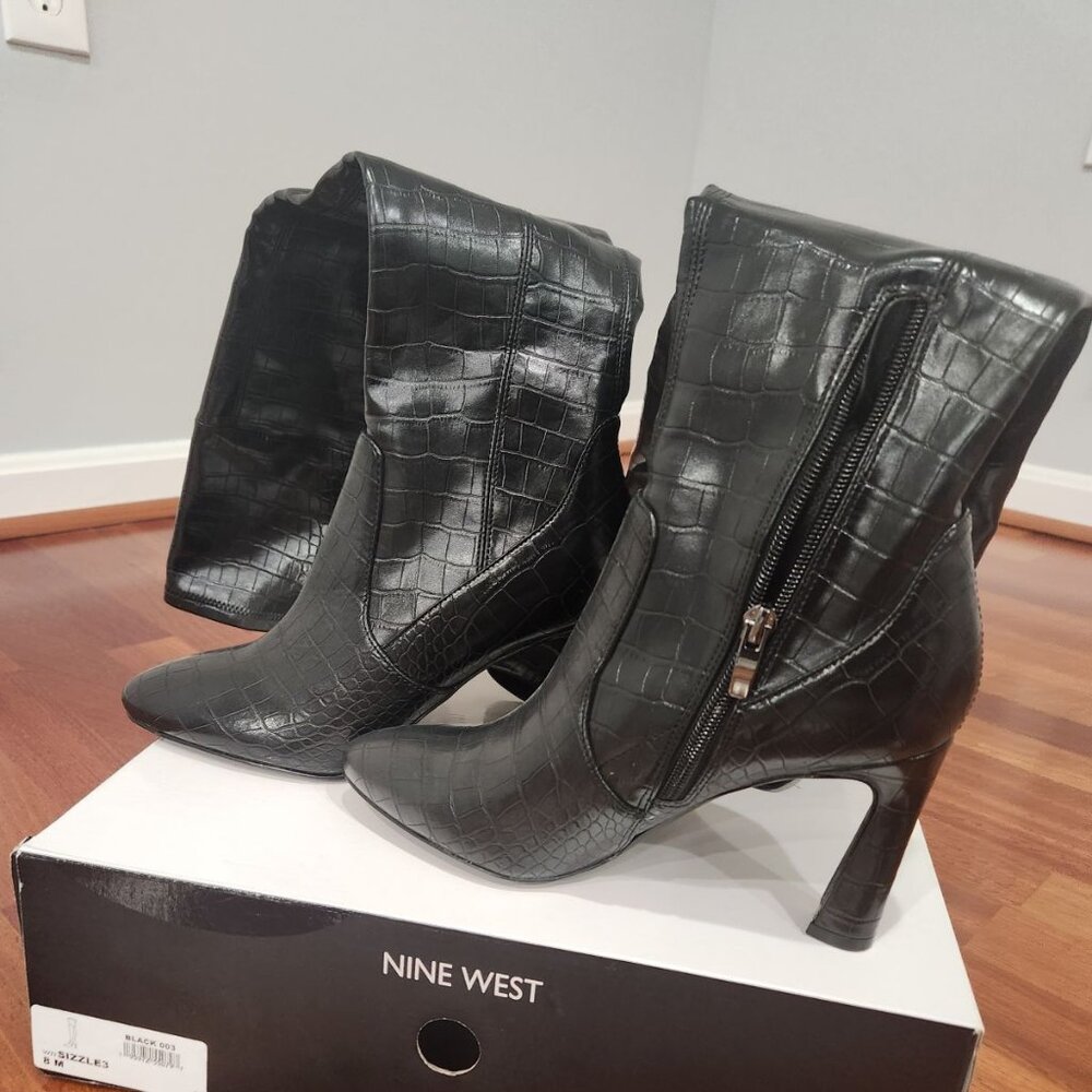 Nine West SIZZLE3 Women's Black Leather Over -The-Knee Boots  Size 8
